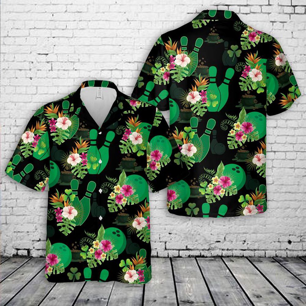 Bowling Gift Saint Patrick’s Day Tropical Bowling Hawaiian Shirt