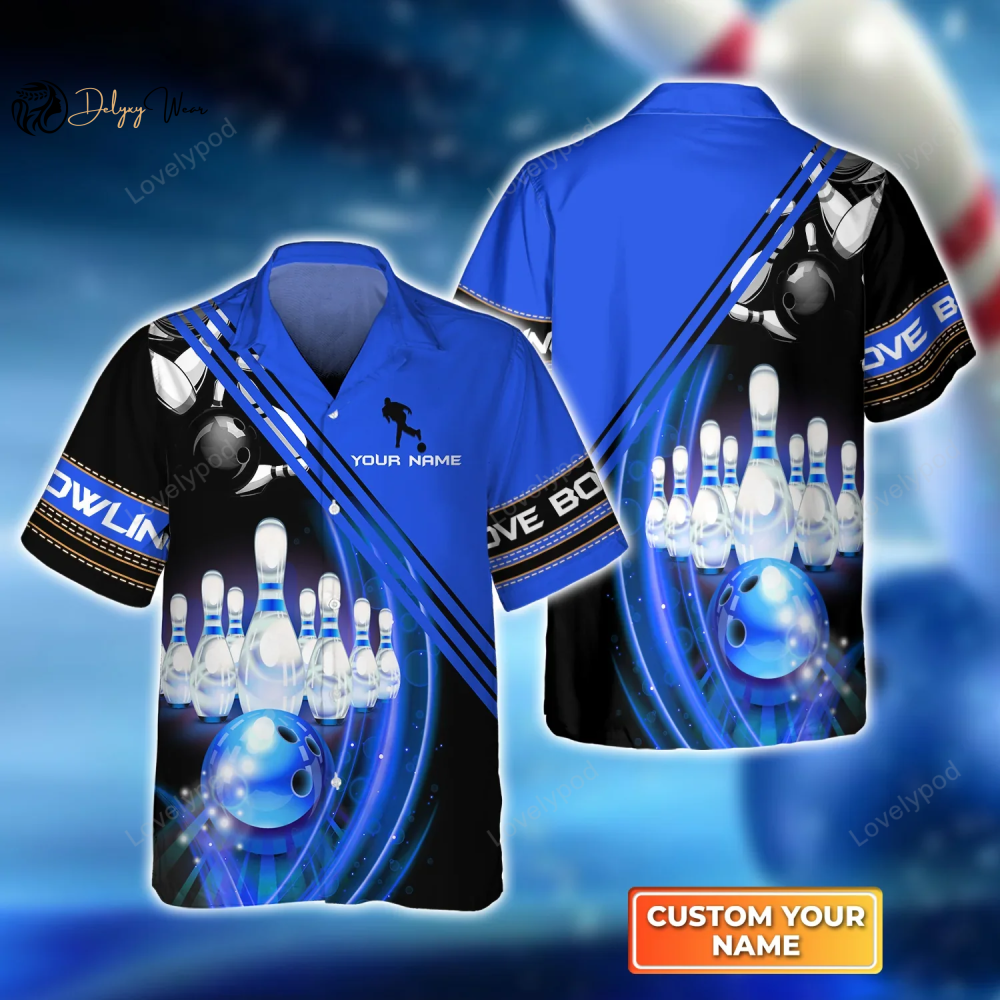 Blue Bowling Ball in Motion and the Pins Hawaiian Shirt, Bowling Hawaiian Shirt For Men, Women, Bowling Team