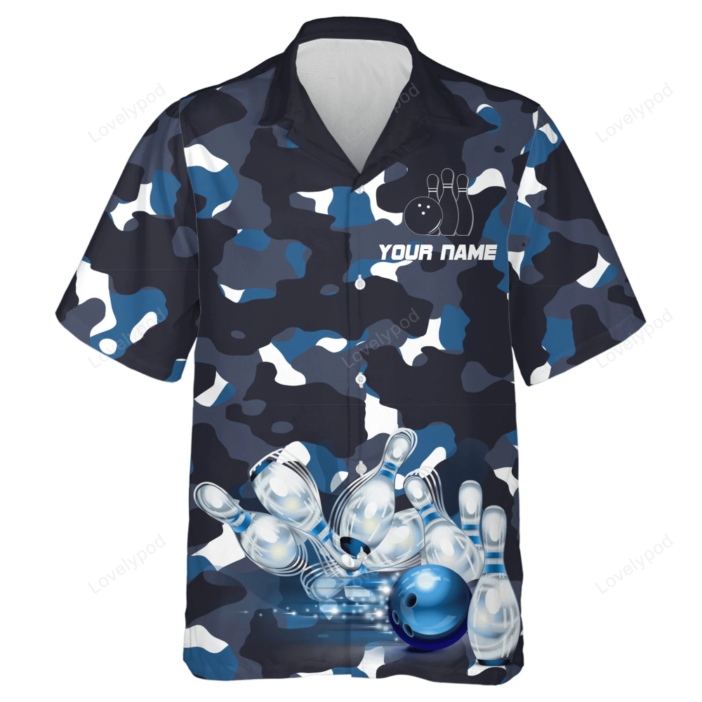 Blue Camo Hawaiian Bowling Shirt for Men Women, Custom Team Name Short Sleeve Bowlers Jersey