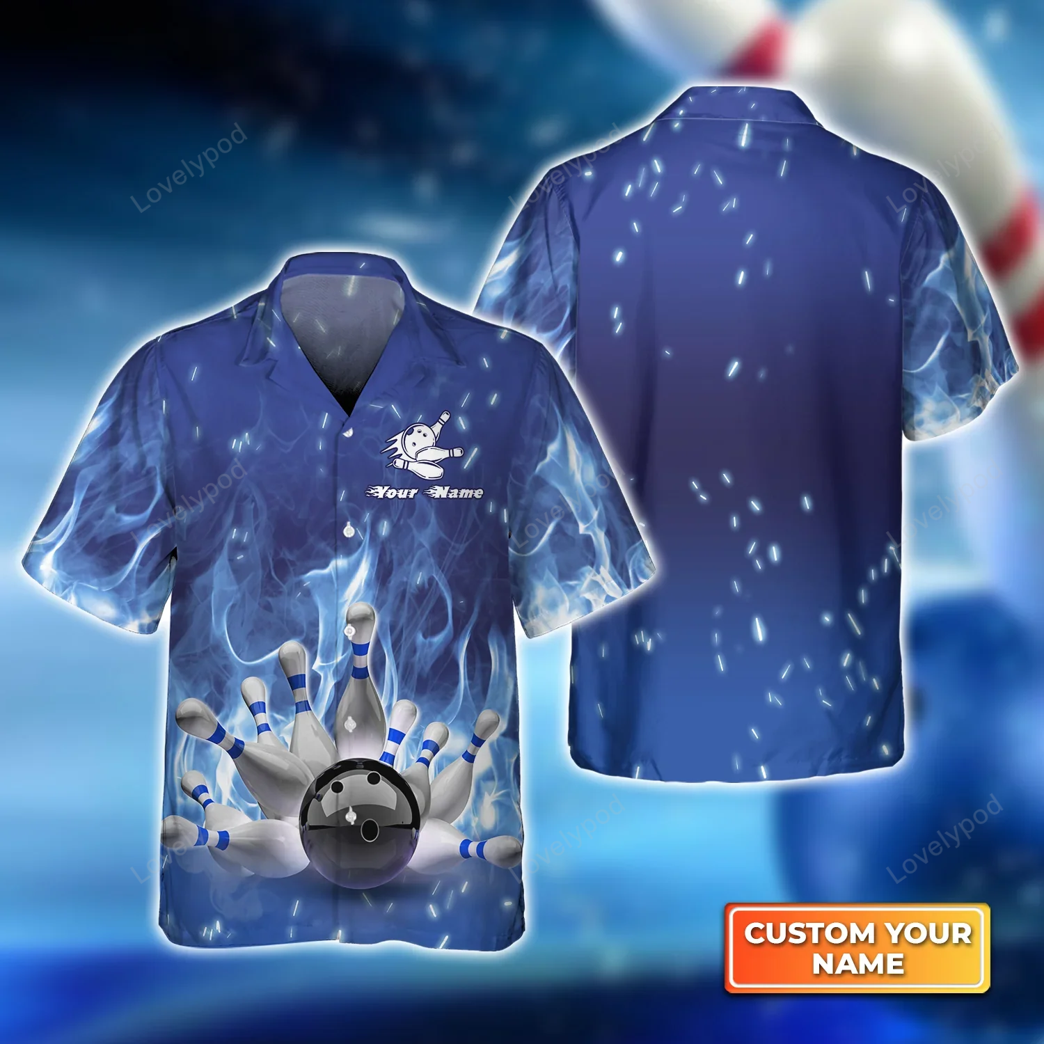 Bowling Hawaiian Shirt For Men, Women, Bowling Team shirt, Bowling On Blue Fire Hawaiian Shirt