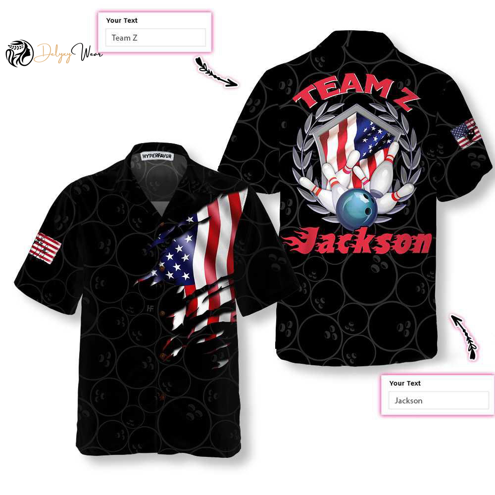 Bowling Team American Flag Custom Hawaiian Shirt, Personalized Bowling Shirt For Men & Women