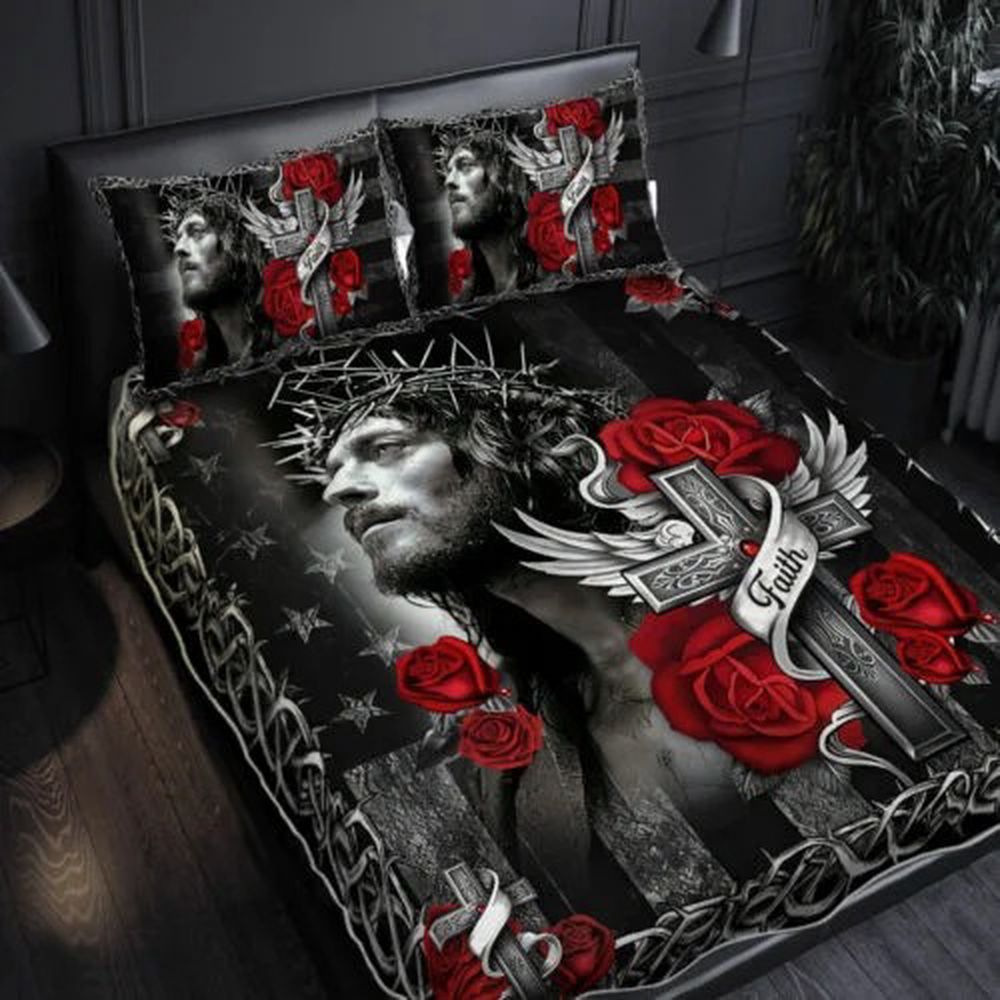 Christian Cross Quilt Bedding Set: Embrace Jesus Faith Over Fear