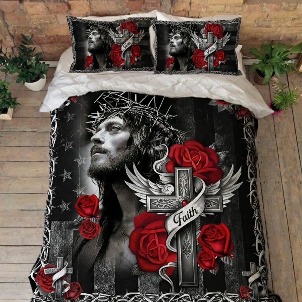 Christian Cross Quilt Bedding Set: Embrace Jesus Faith Over Fear