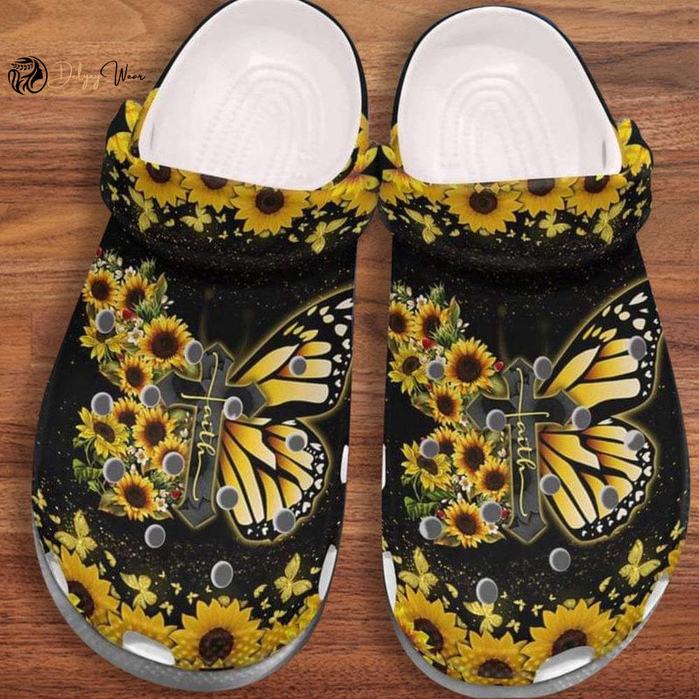 Croc Shoe – Clog Shoe Butterfly Cross Faith Sunflowerchristian Gift Clog Jesus Faith Over Fear