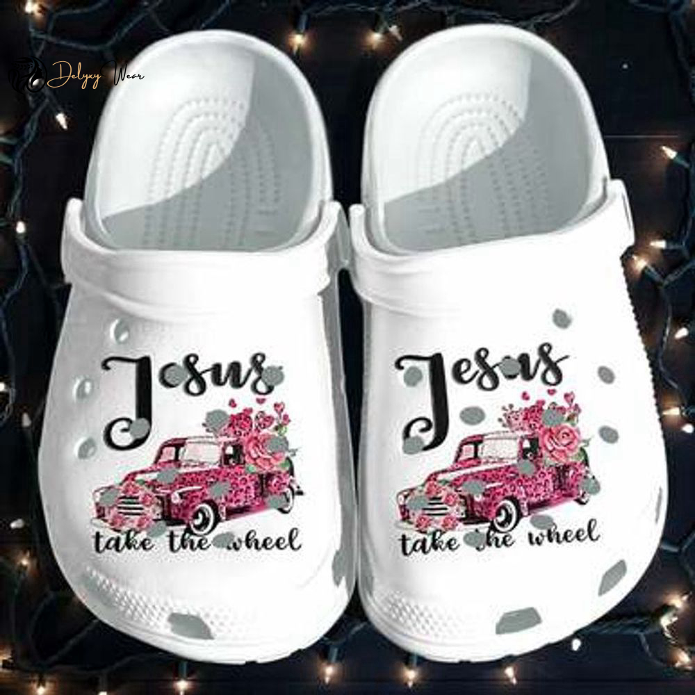 Croc Shoe – Clog Shoe Jesus Faith Take The Wheel Croc Pink Car For Mothers Day Classic Clogs Shoes Floral Water Shoes Jesus