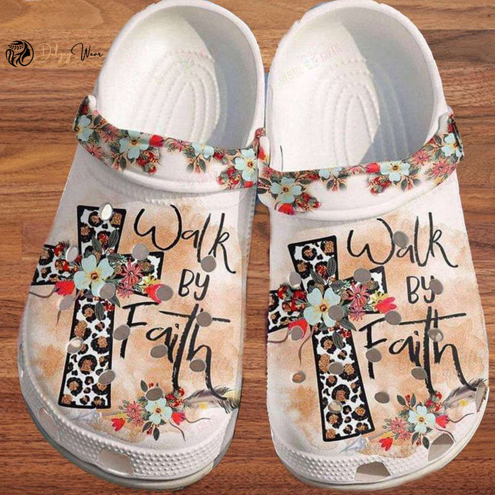 Croc Shoes – Clog Shoes Christian Cross With Flower Walk By Faith Unisex Croc Believe In Jesus Croc Idea