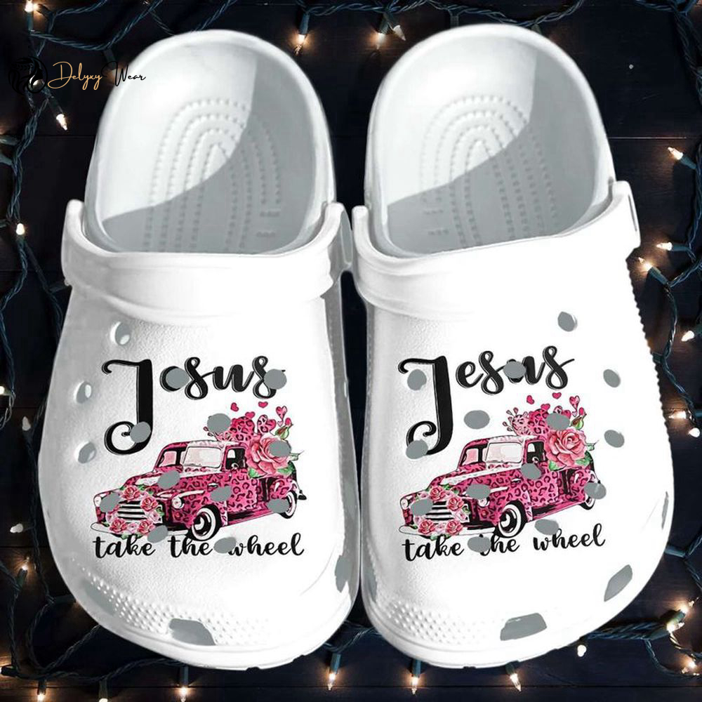 Croc Shoes – Clog Shoes Jesus Take The Wheel Clocsy Shoes Jesus Christ Flowers Water Shoes Leopard Pattern