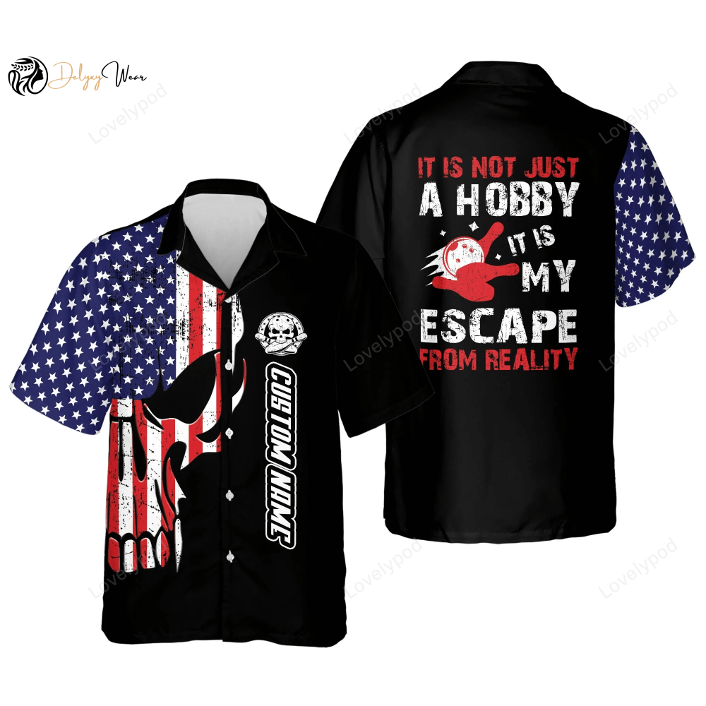 Custom Flame With Name Hawaiian Bowling Shirts, USA Flag Patriotic Hawaiian Bowling Shirts