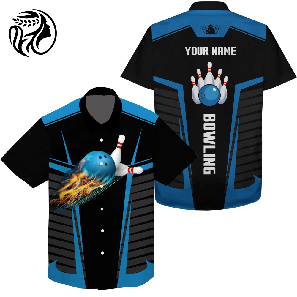 Customize Hawaiian Bowling Shirts With Flame Bowling Balls And Pins Black Blue Bowling Shirts For Men