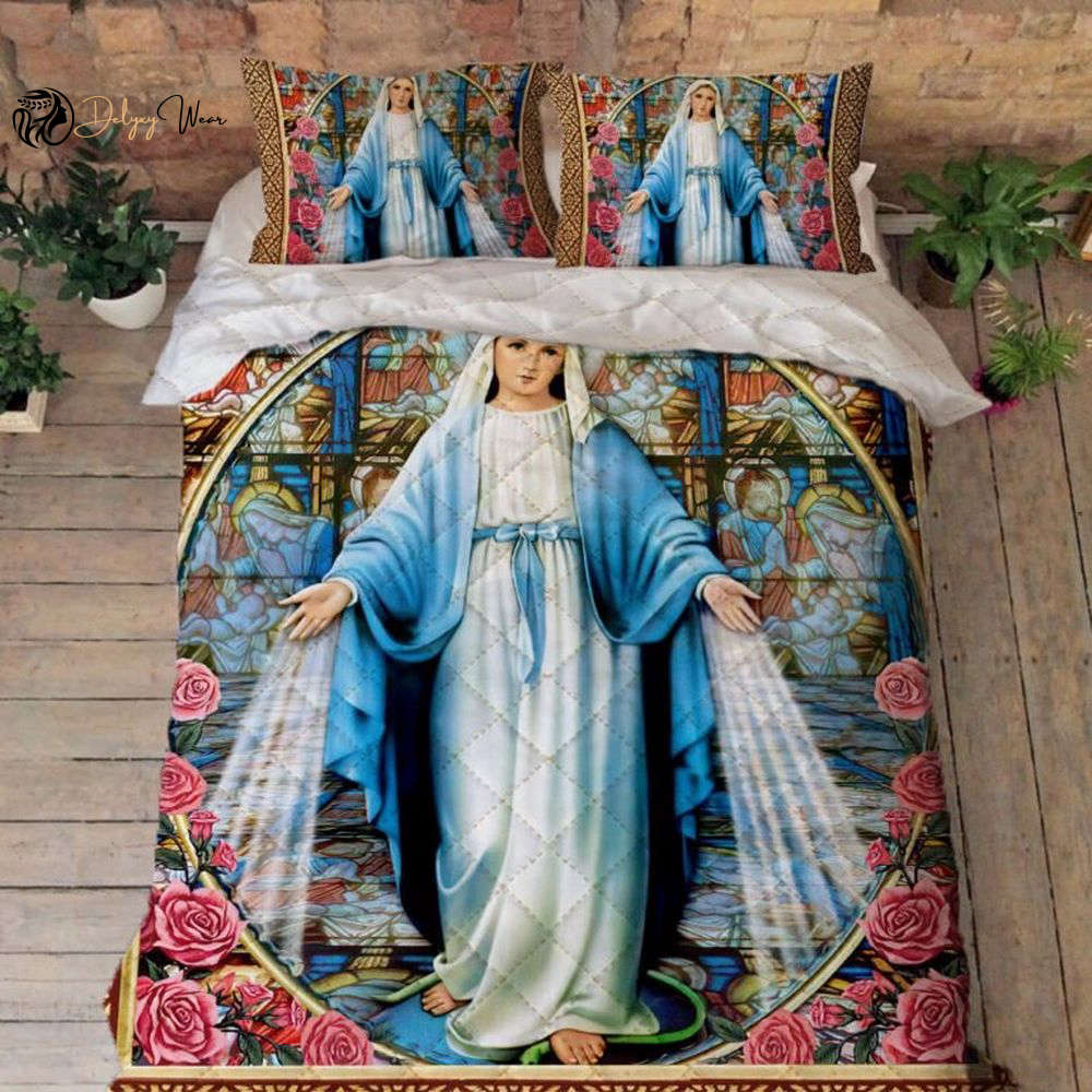 Divine Mother Mary Roses Quilt Bedding Set – Embrace God s Love in Your Bed