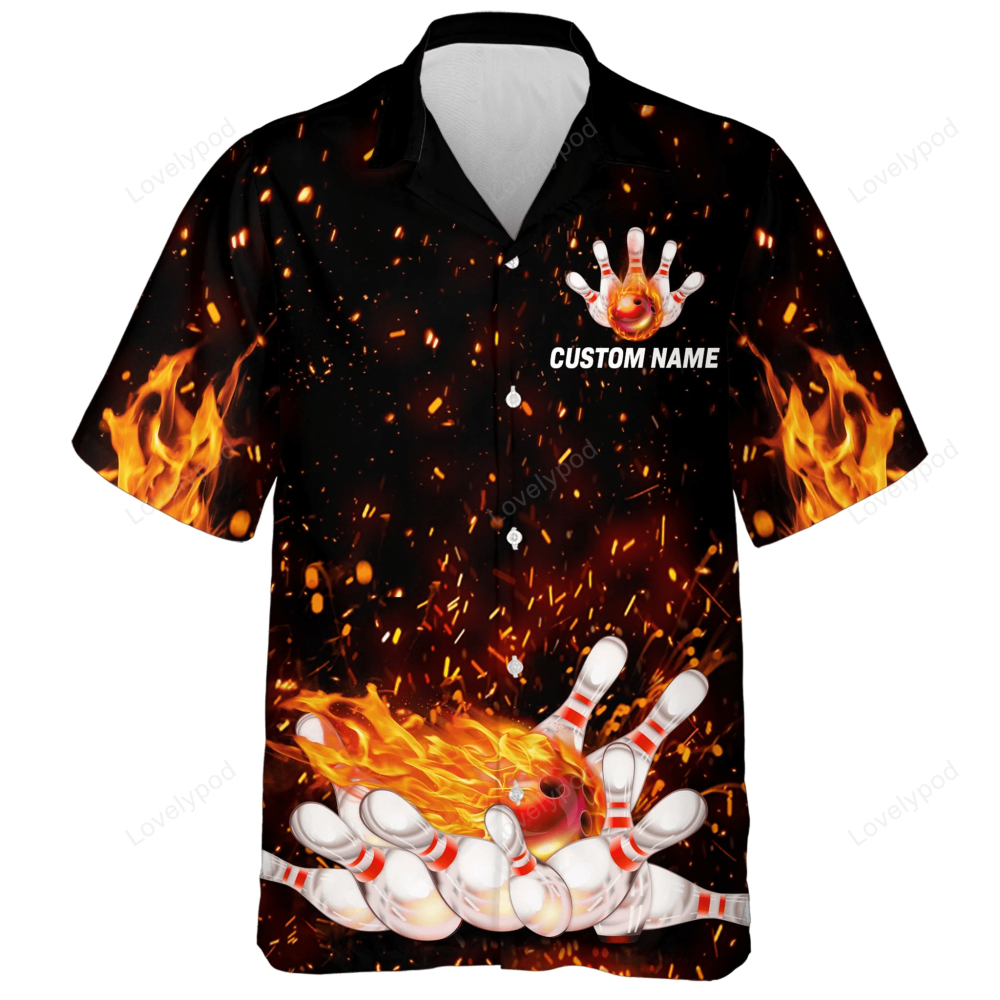 Flame Hawaiian Bowling Shirt, Personalized Team Bowlers Jersey Short Sleeve Button Down Fire Bowling