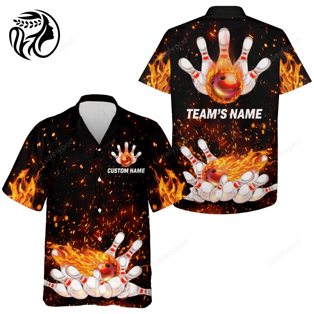 Flame Hawaiian Bowling Shirt, Personalized Team Bowlers Jersey Short Sleeve Button Down Fire Bowling