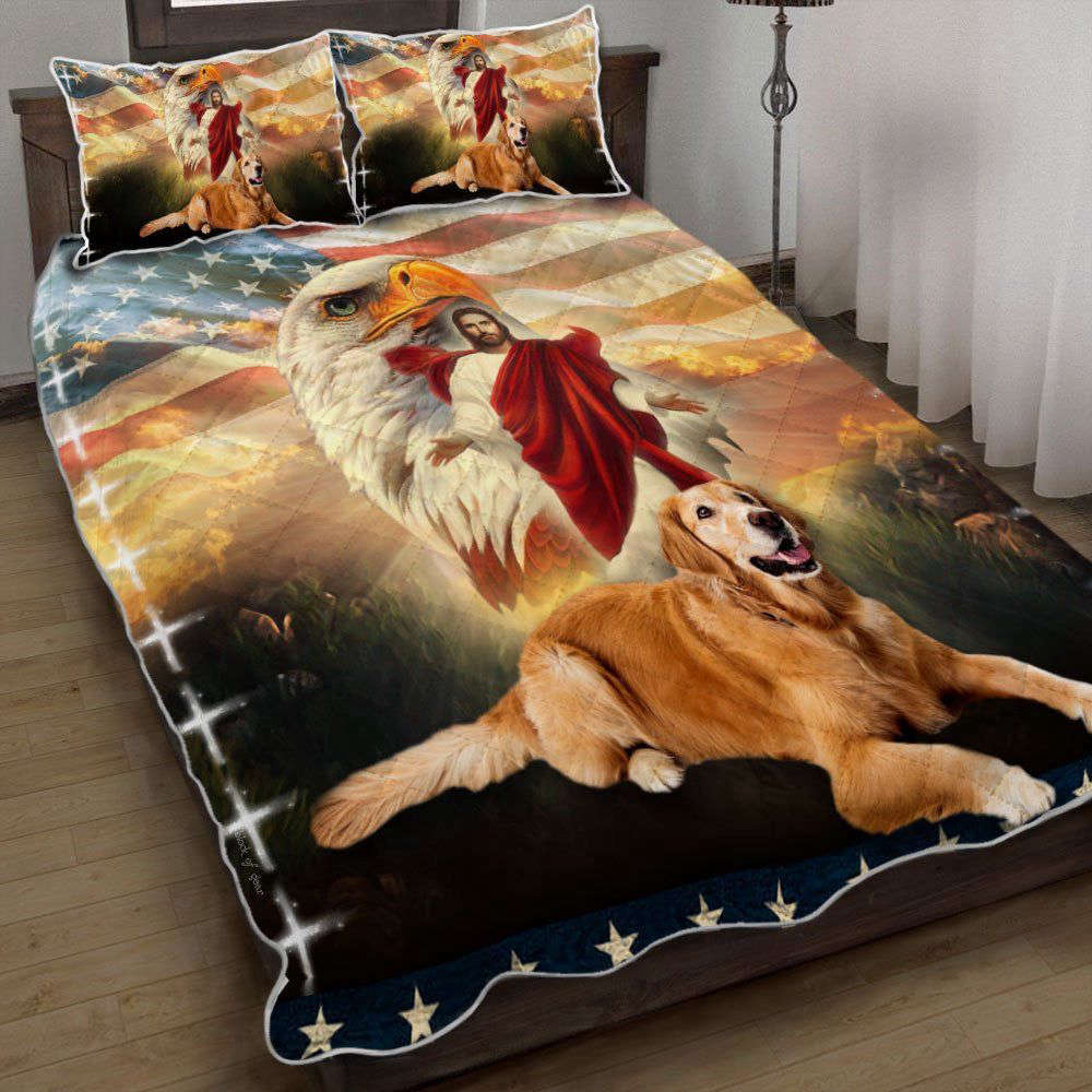 Golden Retriever Dog Jesus Eagle Quilt Bedding Set – Perfect Christmas Gift