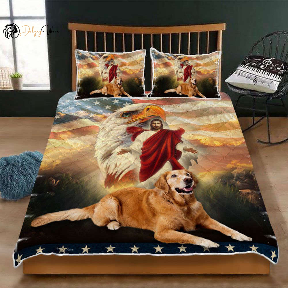 Golden Retriever Dog Jesus Eagle Quilt Bedding Set – Perfect Christmas Gift