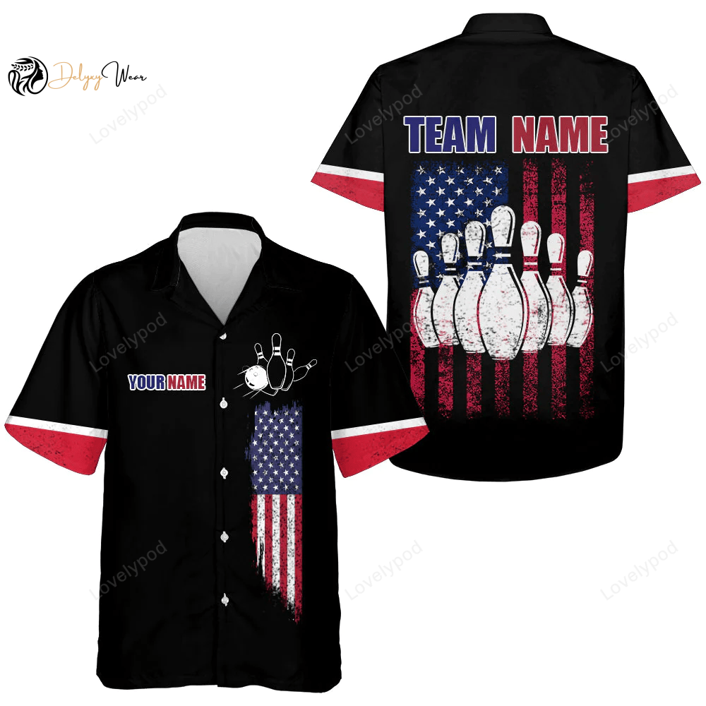 Hawaiian Bowling Shirt For Men Women, Custom American Flag Bowling Shirt with Name, Bowling Team Shirt