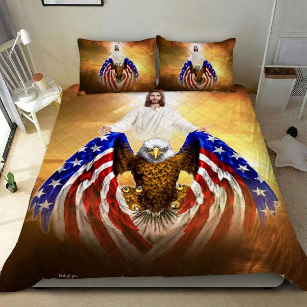 Jesus Christian American Eagle Quilt Bedding Set – Enhance Your Bedroom with Patriotic Comfort