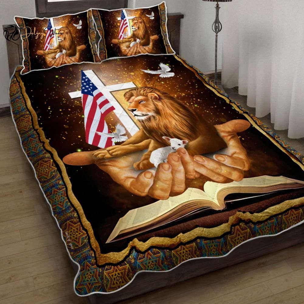 Jesus Lamb & Lion Patriot Quilt Bedding Set – Inspiring and Patriotic Bed Decor