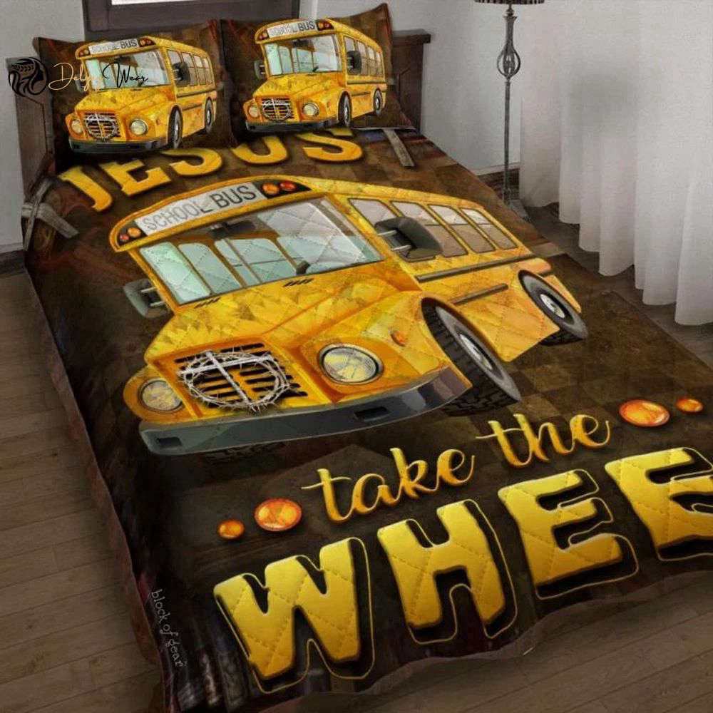 Jesus Take The Wheel School Bus Quilt Bedding Set – Comfortable & Quirky Sleep Essentials