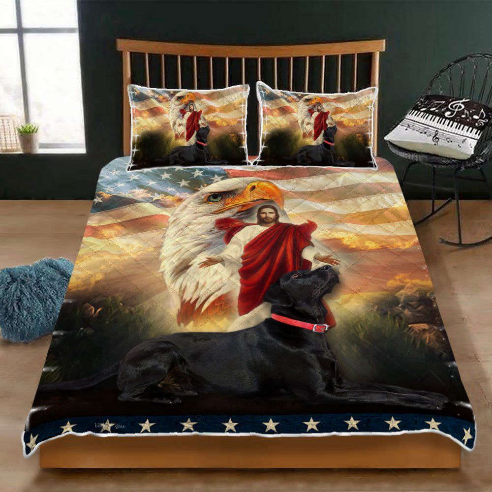 Premium Black Labrador Dog Jesus Eagle Quilt Bedding Set – 3D Bedroom Set Perfect Christmas Gift