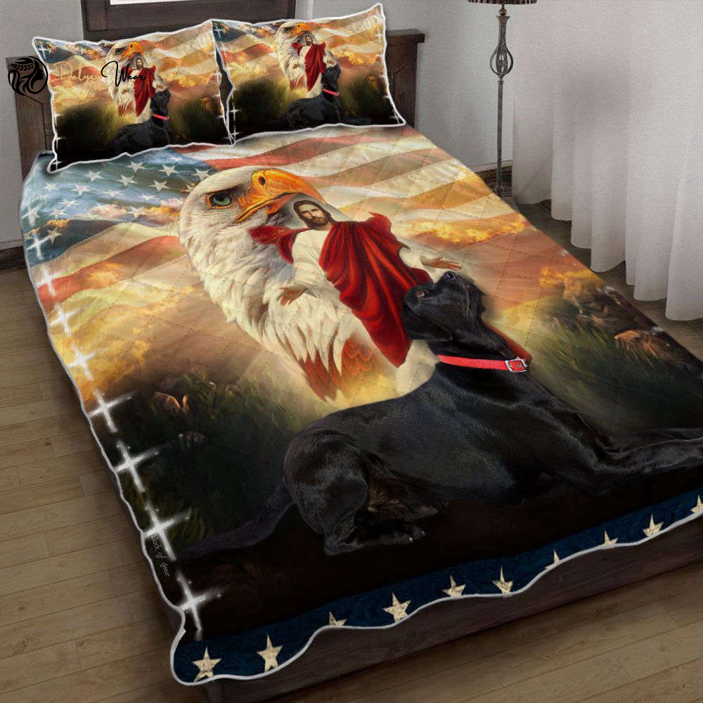 Premium Black Labrador Dog Jesus Eagle Quilt Bedding Set – 3D Bedroom Set Perfect Christmas Gift