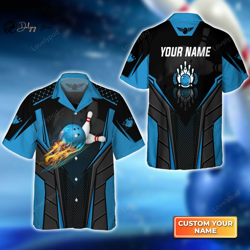 The Blue Bowling Ball in Flames Breaks White Skittles Hawaiian Shirt, Bowling Hawaiian Shirt For Men, Women, Bowling Team shirt