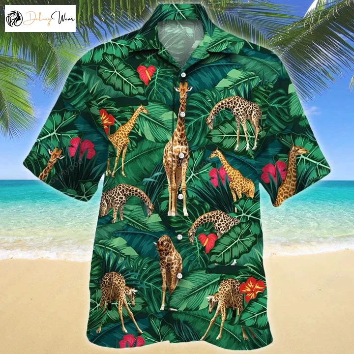 Stylish Hawaiian Shirt Gift for Men Women Fans: Amazing Green Leaves & Giraffe Lovers Gift Design