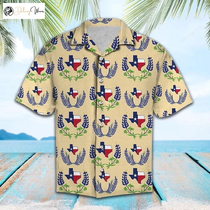 Texas Bluebonnet Hawaiian Shirt Gift for Men Women Fans: Amazing Map & Flag Pattern