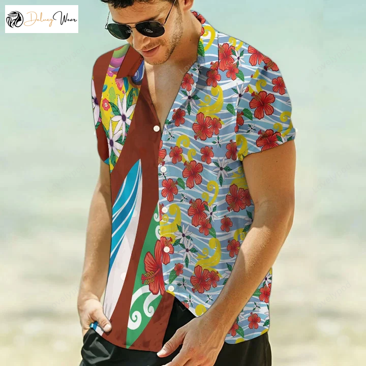 Vibrant Hawaiian Shirt Gift for Men Women Fans: Colorful Flower Surfboard Art for an Appealing Look