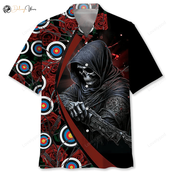 Archery Skull Rose Hawaiian Shirt Gift for Men Women Fans – Men s Team Gift for Archery Players