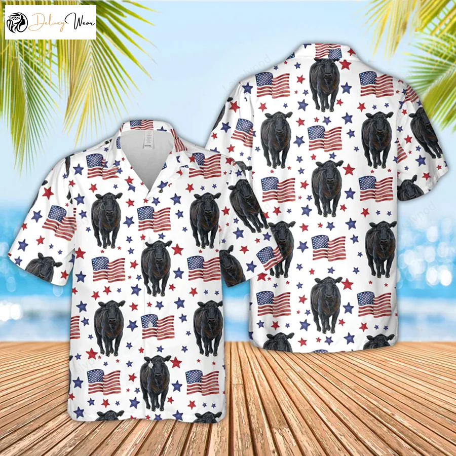 Black Angus American Flag Pattern Hawaiian Shirt – Funny Cow 4th of July Style
