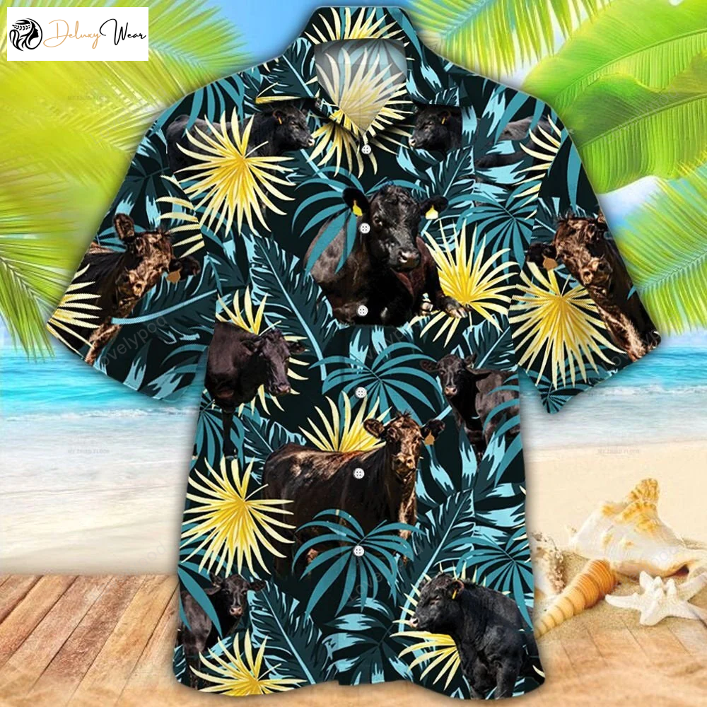 Stylish Black Angus Cattle Lovers Hawaiian Shirt Gift for Men Women Fans Blue & Yellow Plants Design