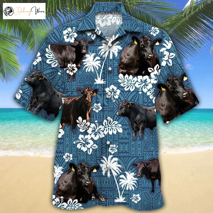 Bold Black Angus Cattle Lovers Hawaiian Shirt Gift for Men Women Fans – Blue Tribal Design
