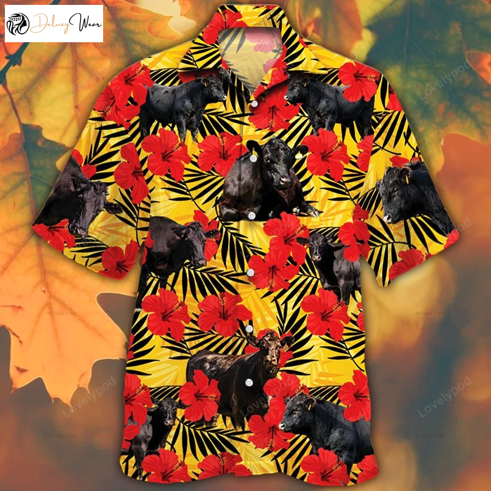 Stylish Black Angus Cattle Lovers Hawaiian Shirt Gift for Men Women Fans with Hibiscus Flower Design