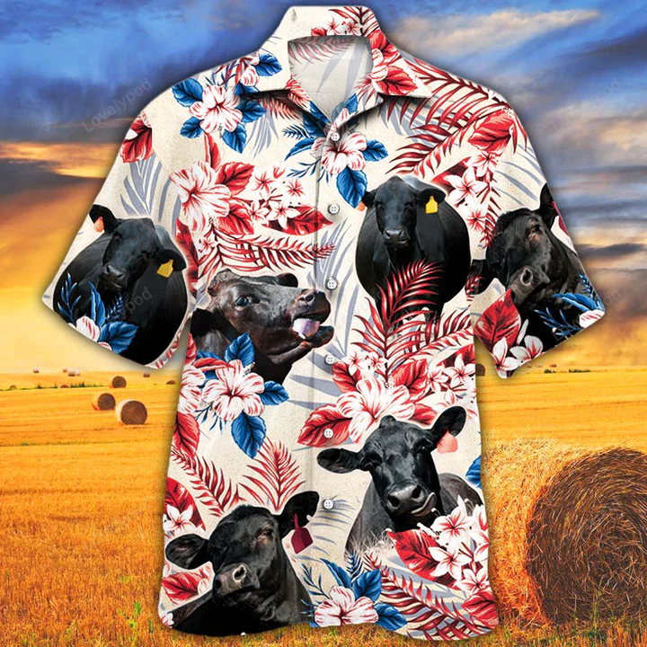 Black Angus Cattle Lovers Texas Flag Hawaiian Shirt: Vintage Flower Cow Print for Men & Women