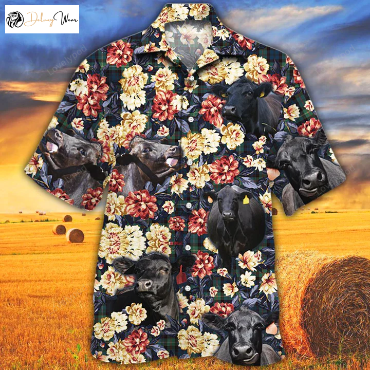 Stylish Black Angus Hawaiian Shirt Gift for Men Women Fans for Men Cow Cattle Green Plaid Pattern Perfect Summer Animal Shirt Gift for Men Women Fans