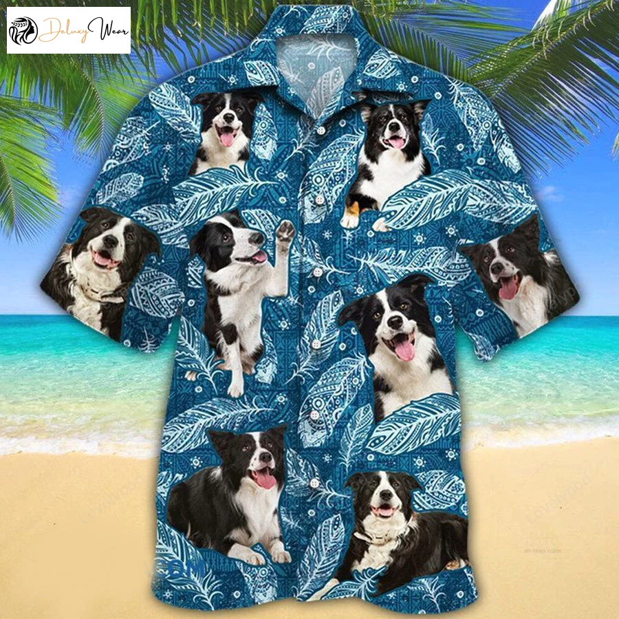 Stylish Border Collie Dog Lovers Hawaiian Shirt with Blue Feather Design