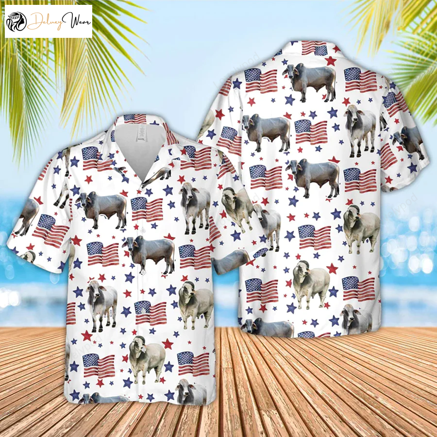 Brahman American Flag Hawaiian Shirt: Funny Cow 4th of July Pattern