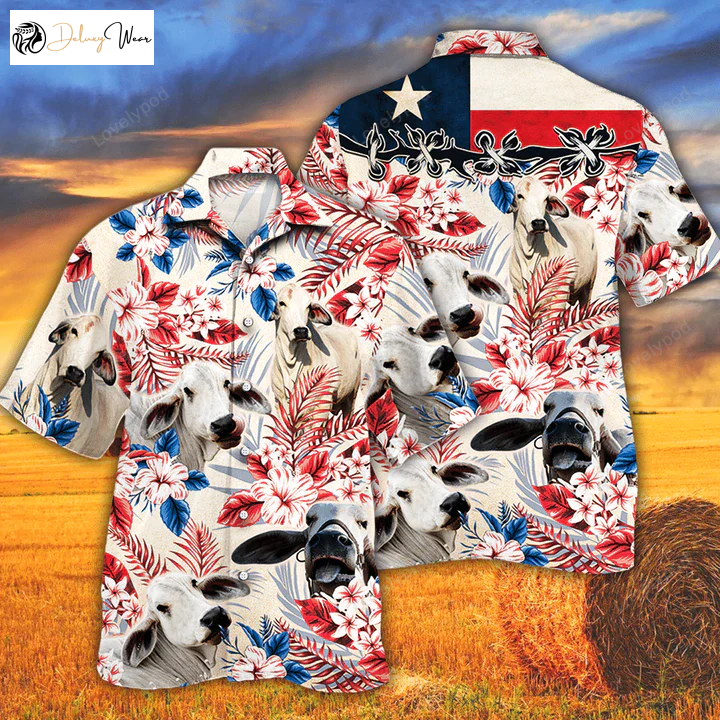 Brahman Cattle Lovers Texas Flag Hawaiian Shirt Gift for Men Women Fans - Cow Flower Aloha Shirt Gift for Men Women Fans for Men & Women