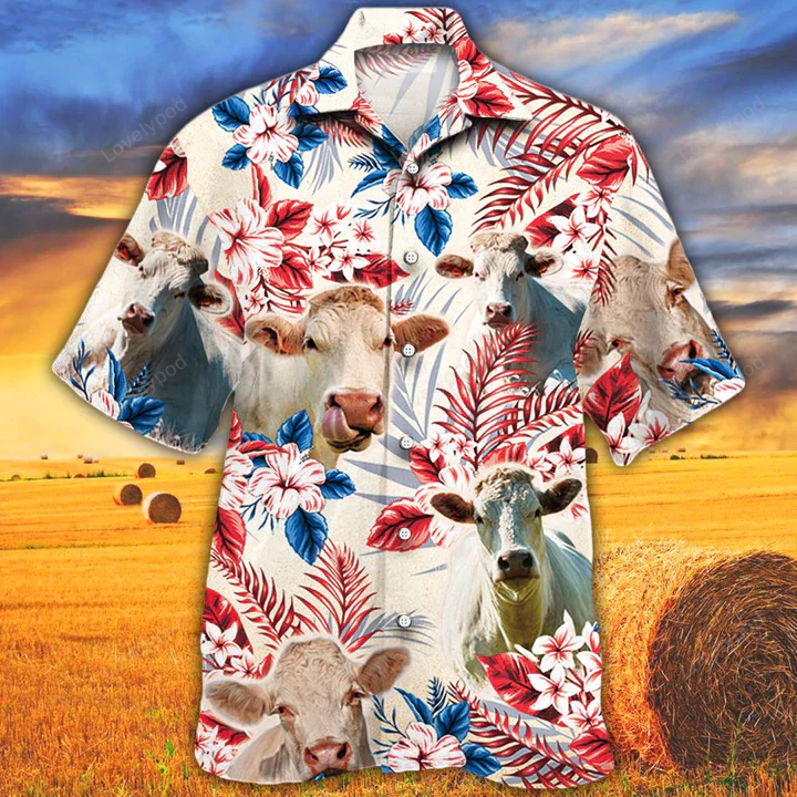 Charolais Cattle Lovers: American Flag Hawaiian Shirt Cow Flower Aloha Vintage Cow Hawaiian Shirt for Men
