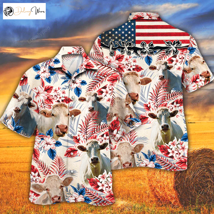 Charolais Cattle Lovers: American Flag Hawaiian Shirt Cow Flower Aloha Vintage Cow Hawaiian Shirt for Men