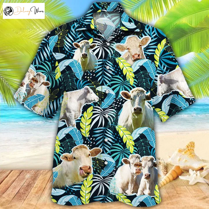 Charolais Cattle Lovers Jungle Leaves Hawaiian Shirt Gift for Men Women Fans – Cow Flower Aloha Shirt Gift for Men Women Fans for Men & Women