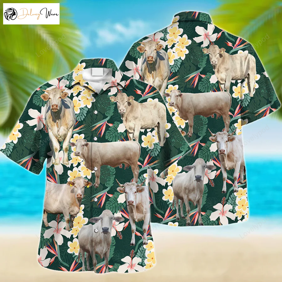 Charolais Cow Hawaiian Shirt – Farm Lover Men s Button Down Hawaiian Casual Shirt