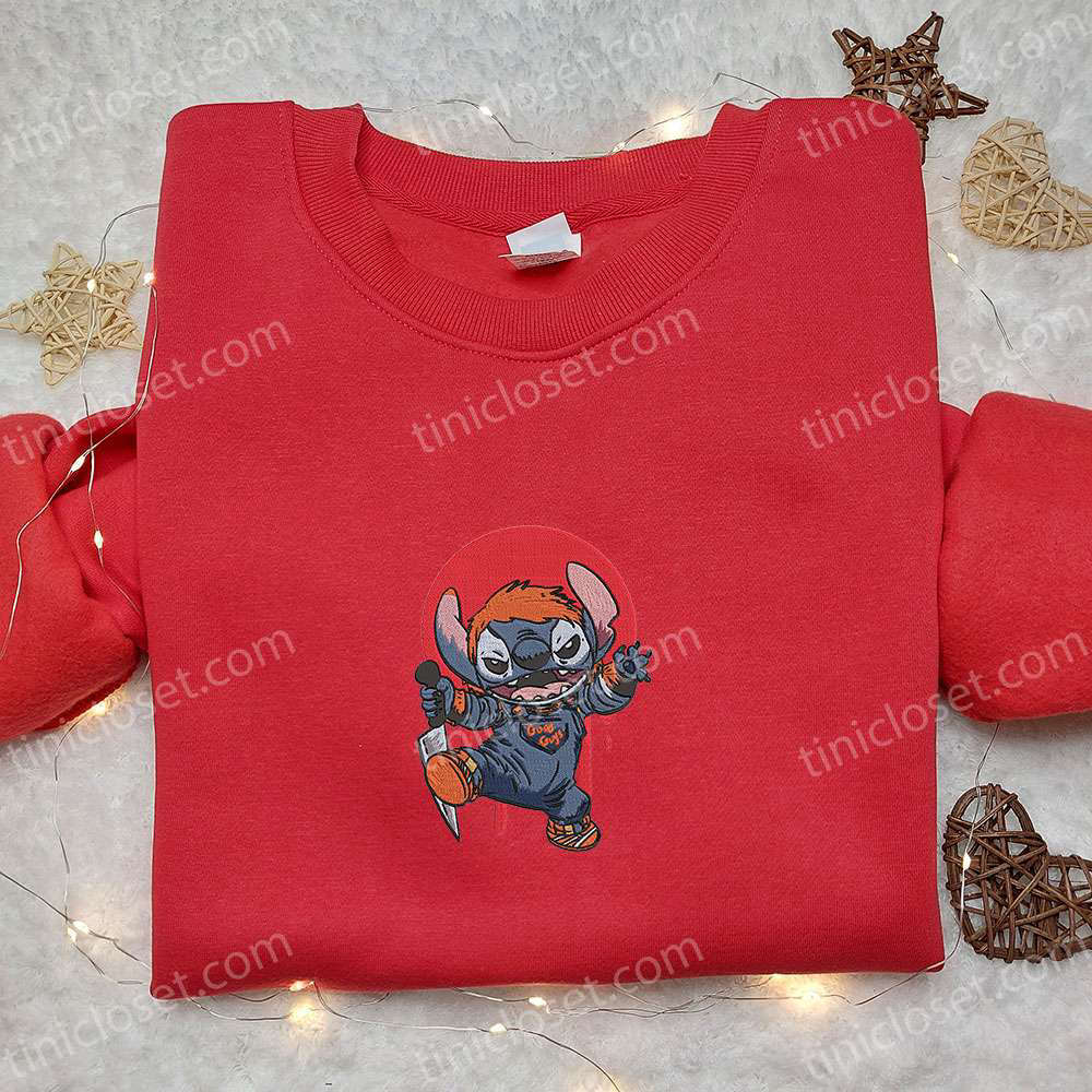 Chucky x Stitch Embroidered Sweatshirt: Disney Halloween Hoodie Best Gifts for Family Chucky x Stitch Embroidered Sweatshirt: Disney Halloween Hoodie Best Gifts for Family