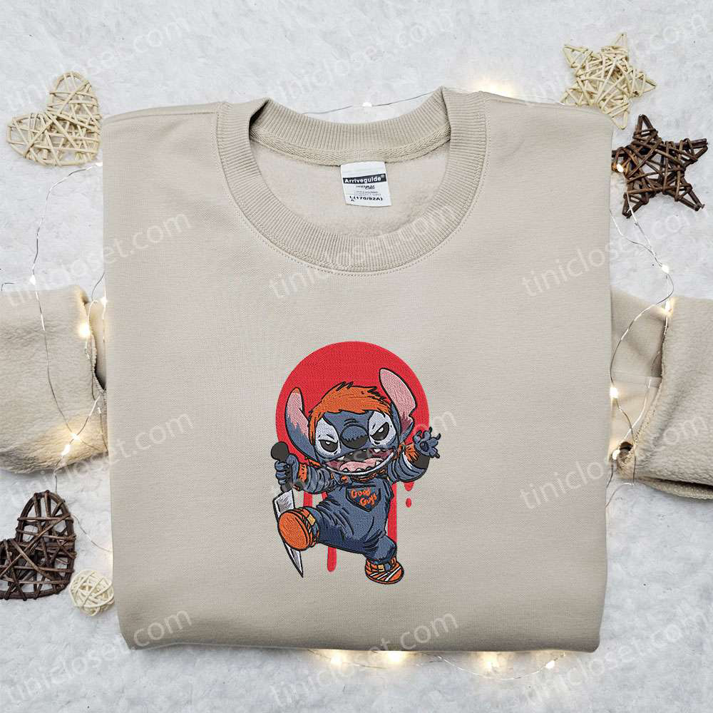 Chucky x Stitch Embroidered Sweatshirt: Disney Halloween Hoodie Best Gifts for Family Chucky x Stitch Embroidered Sweatshirt: Disney Halloween Hoodie Best Gifts for Family