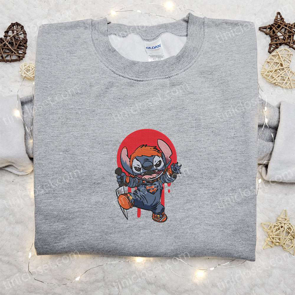 Chucky x Stitch Embroidered Sweatshirt: Disney Halloween Hoodie Best Gifts for Family Chucky x Stitch Embroidered Sweatshirt: Disney Halloween Hoodie Best Gifts for Family