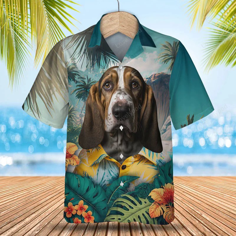 Basset Hound 3D Hawaiian Shirt Gift for Men Women Fans: Men s Tropical Dog Print Hawaii Shirt Gift for Men Women Fans