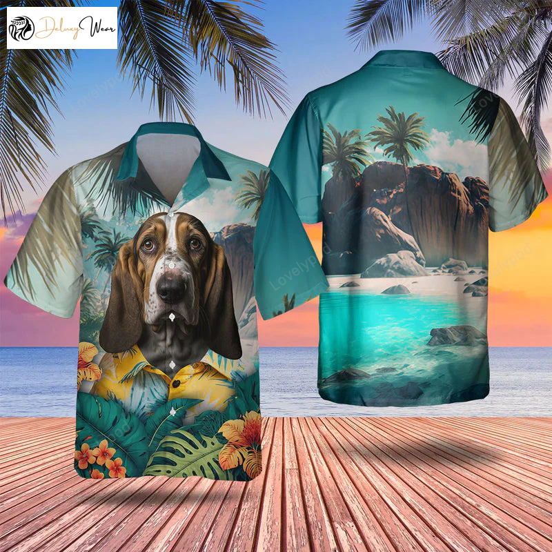 Basset Hound 3D Hawaiian Shirt Gift for Men Women Fans: Men s Tropical Dog Print Hawaii Shirt Gift for Men Women Fans