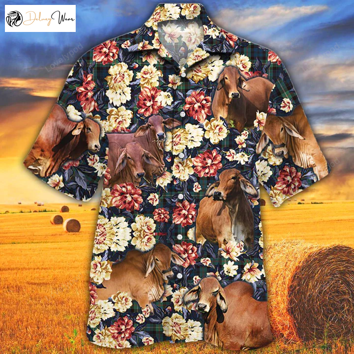 Vibrant Cow & Farm Hawaiian Shirts – Perfect for Summer! Red Brahman Green Plaid Pattern