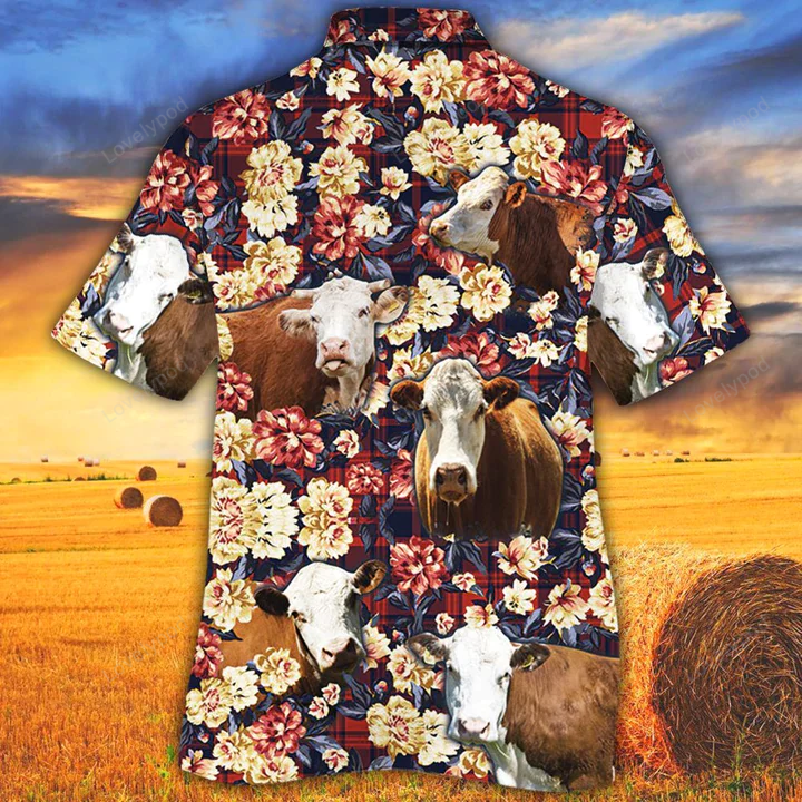 Men s Cow Hawaiian Shirt: Hereford Red Plaid – Animal Print Summer Style