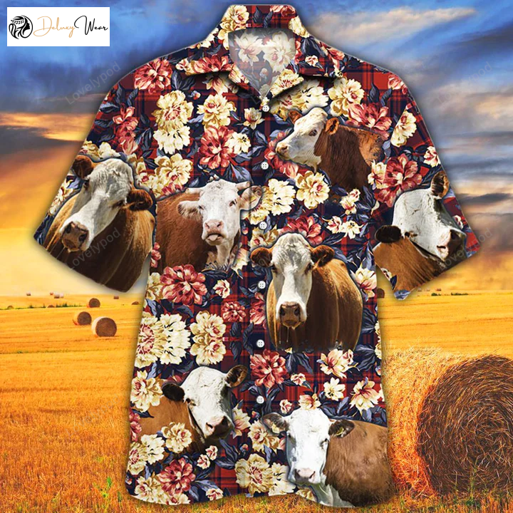 Men s Cow Hawaiian Shirt: Hereford Red Plaid – Animal Print Summer Style